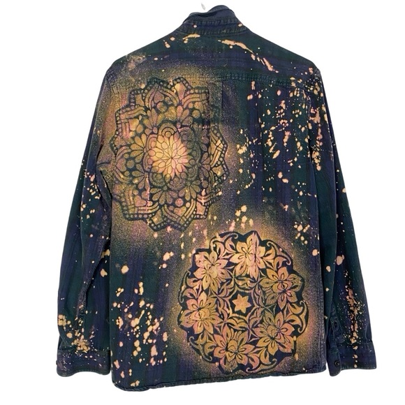 Frank & Oak Flannel Shirt Women Size Large Boho Floral Stencil Bleached Handmade - Picture 2 of 14